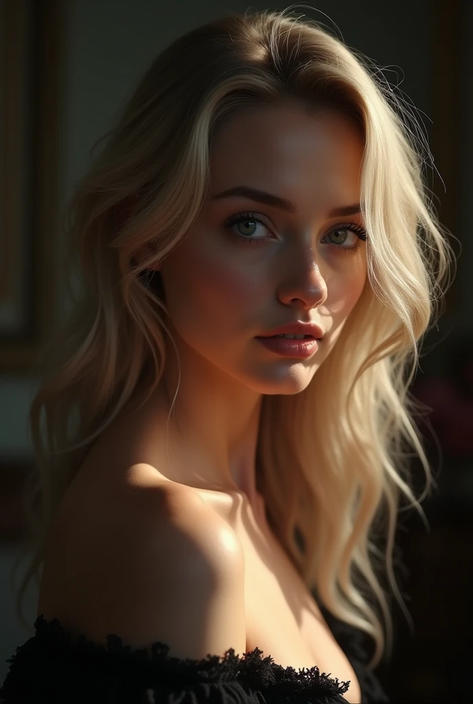 1girl, beautiful detailed eyes, beautiful detailed lips, extremely detailed face and body, long eyelashes, blonde hair, russian, elegant pose, medium breasts, photorealistic, 8k, hyperdetailed, chiaroscuro lighting, dramatic lighting, dramatic colors, cinematic, elegant, graceful, mysterious
