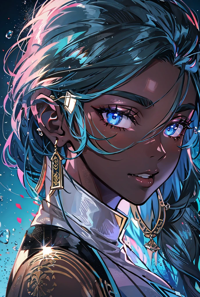 Illustrator, anime , 1 person, ,order, Blue gradient background, Neon Hair,Texture Trim, (masterpiece,Highest quality) Cancer,Bollywood,Indian girl,Brown Skin,Brown Skin,night,Album artwork

