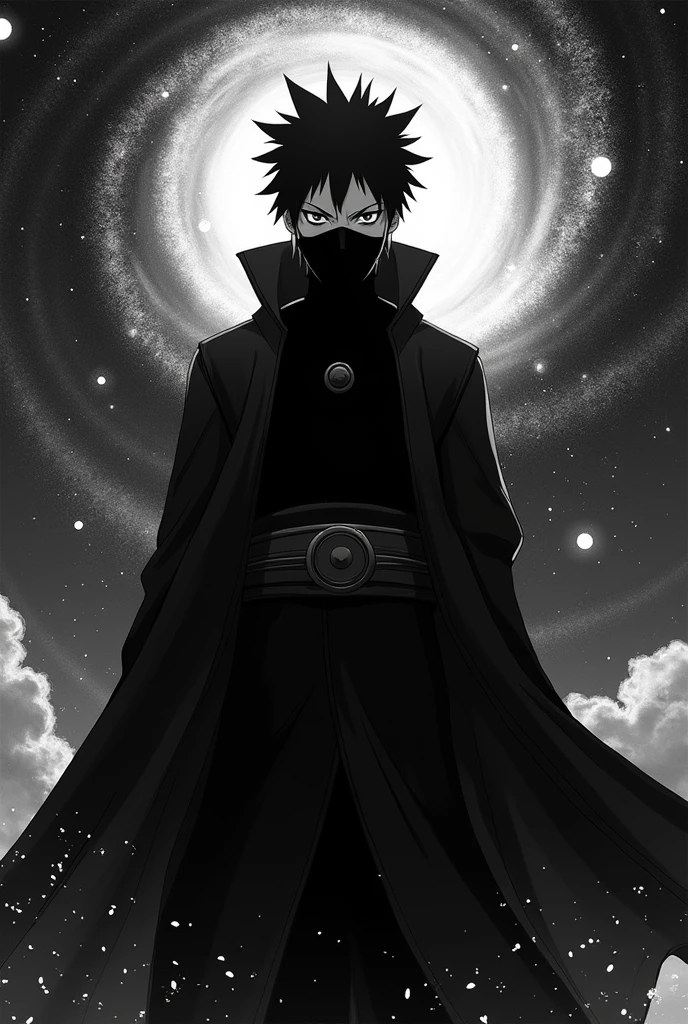 Color front:Obito anime character standing with image
background image:obito anime cosmic all action images with black and white