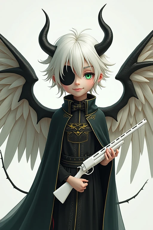 A smiling boy with white hair and light skin, a green right eye and a black left eye.、Both eyes are covered by a black half-face guard that has no light, and he is wearing a robe with a mysterious pattern embroidered in gold thread on a white background. He is holding a white shotgun and has a pure white angel&#39;s wing on one of his backs.、On the other hand, he spreads his jet-black devil wings