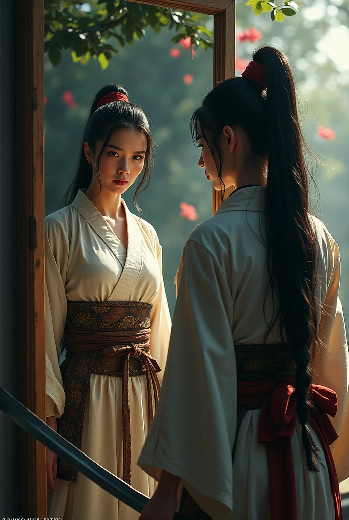 chest, 　Warrior　sword　Japanese women　Looking in the mirror　sexy　Wind

