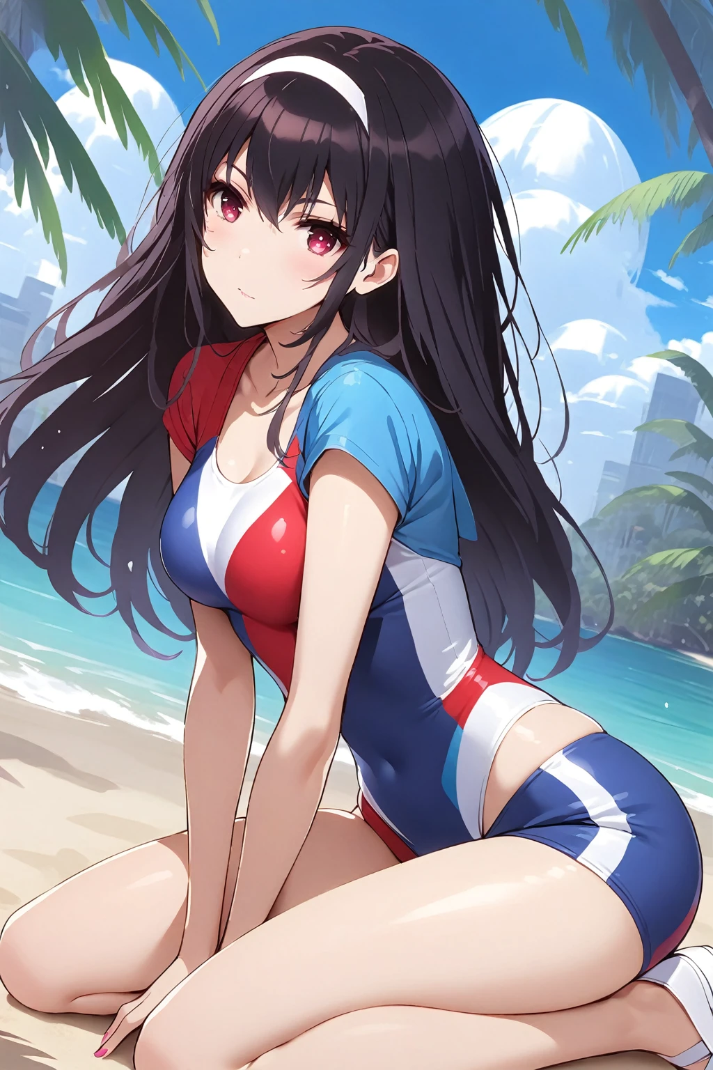 Colorful swimsuits，A pair of sunglasses，cute，Normal behavior，Kneeling on the beach，a beautiful  woman， black hair, （solo：1.2），（highest quality，extremely clear，masterpiece：1.2），full-body shot