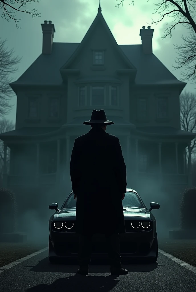 A man standing in front of a dark mansion with a dangerous dark colour car with a black hate showing his black power 

