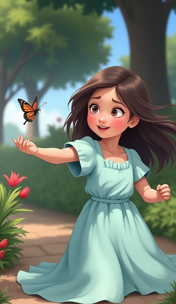 Aisha crouching down near a bush of colorful flowers, reaching out her hand slowly towards the butterfly. Her expression is focused and excited. The butterfly sits delicately on a red flower petal, but its wings are slightly open, ready to fly away. The background still shows the park, with flowers and greenery.