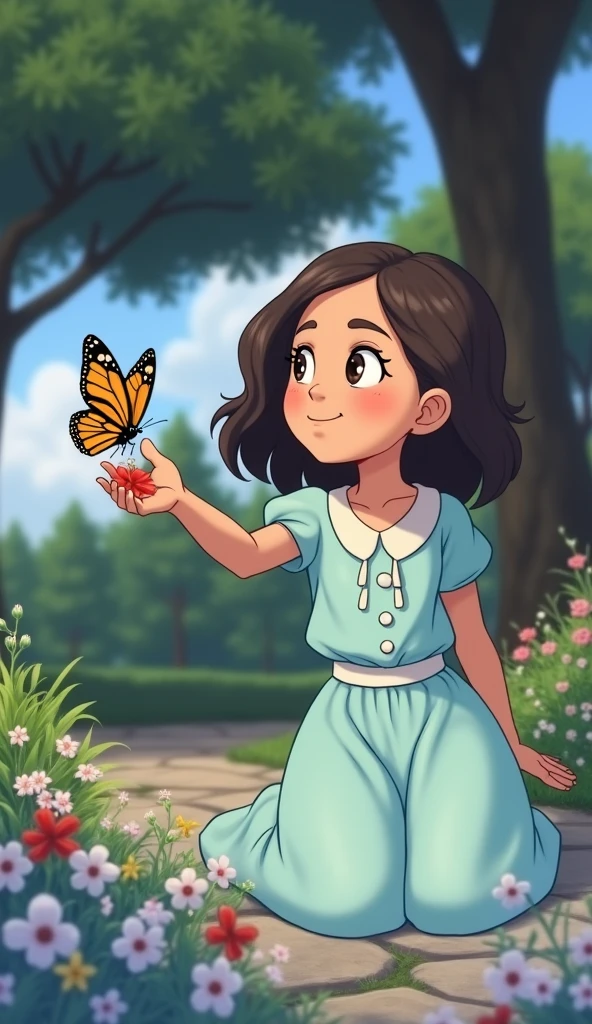 Aisha crouching down near a bush of colorful flowers, reaching out her hand slowly towards the butterfly. Her expression is focused and excited. The butterfly sits delicately on a red flower petal, but its wings are slightly open, ready to fly away. The background still shows the park, with flowers and greenery.