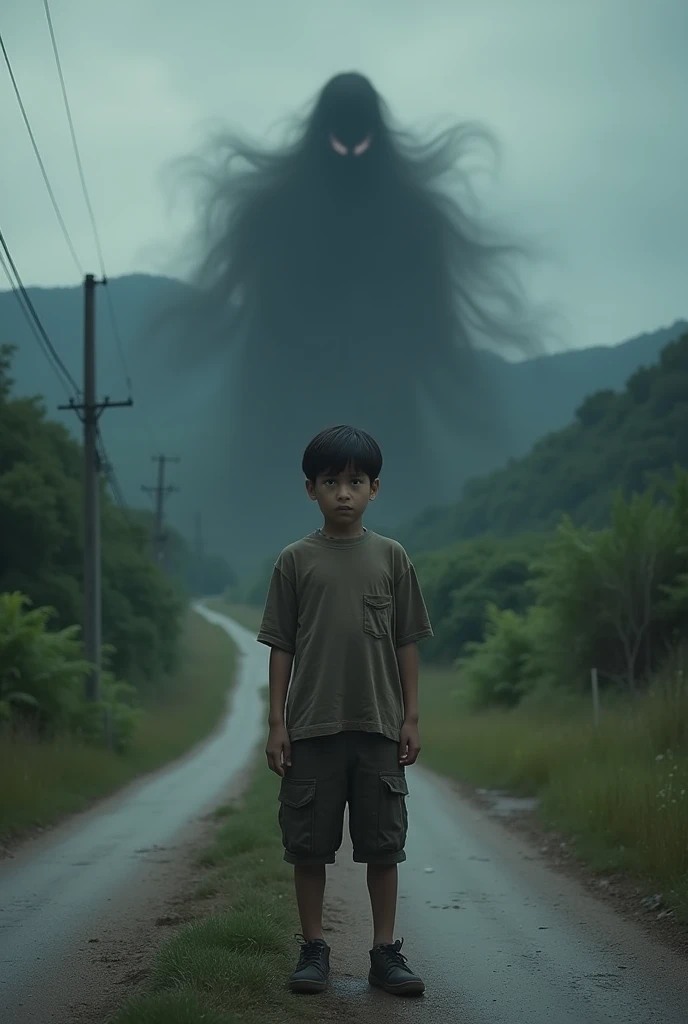 MAKE A PHOTO A BOY SATNDING IN A ROAD AND A EVIL SHADOW FLOWING HIM