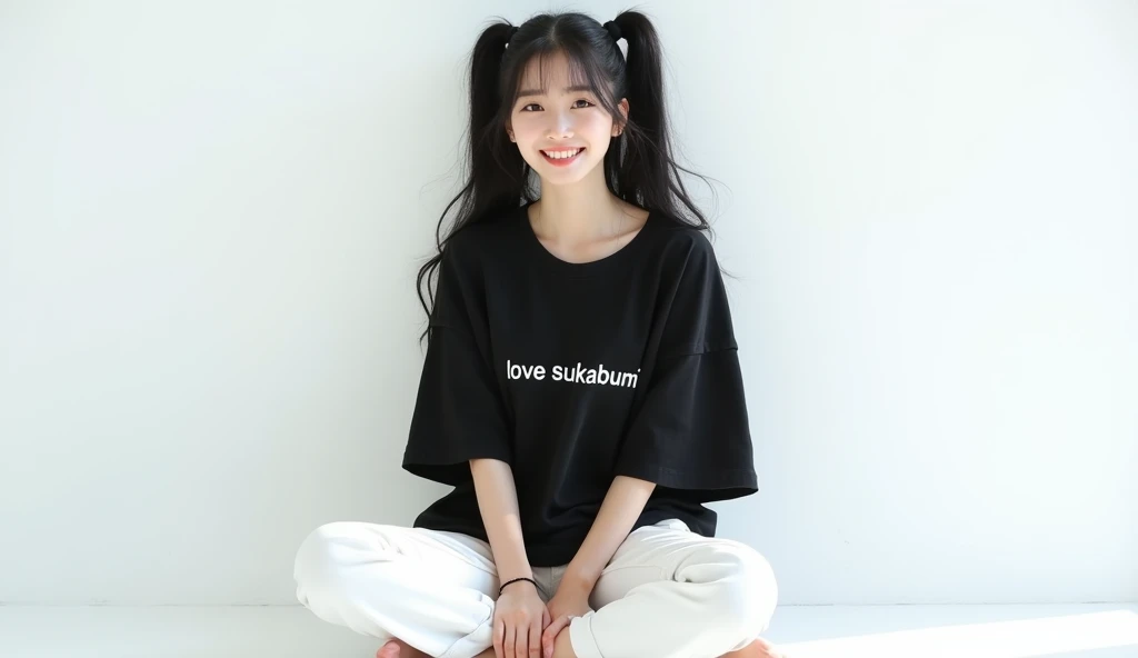 Hyper realistic photography, a beautiful korean girl, "Twintails black hair", sitting on the floor, wearing a black oversize t-shirt with writing "Love Sukabumi", wearing white pants, happy smiling, wearing a bracelet, plain white background, realistic highly detailed objects, looks real and clear, bright background not blur, natural 3D, 8k ultra hd