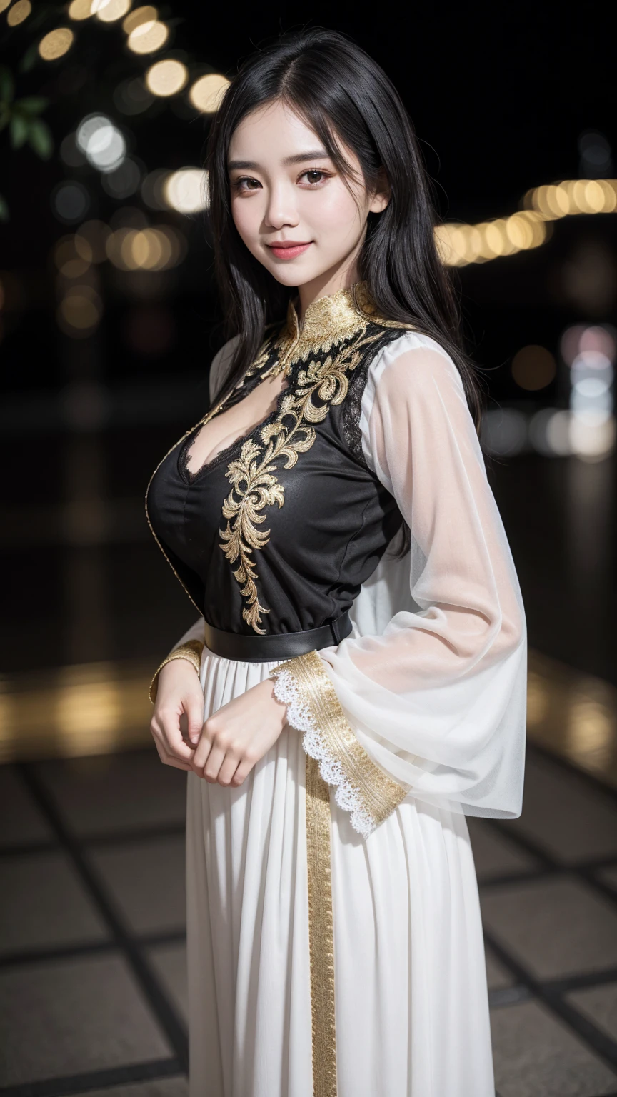 Gorgeus Girl, Full Body, Wide Shot Angle, ((A Wide-angle View Of An Object Relative To Its Surroundings)), Facing Forward, Beautiful, Face Age 20 Year, Smiling Face, Natural Skin, Large Colossal Breasts, Both Arms Open to The Side, ((Black - Gold - White Kebaya)), White Indonesian Kebaya, Brown Retina, Muscles, Bokeh, Indonesian Culture Background, Masterpiece, Straight Black Hair, Perfect Lighting, ((Black - Gold - White Coloured)), Lace Cloak, 8K, UHD, HDR