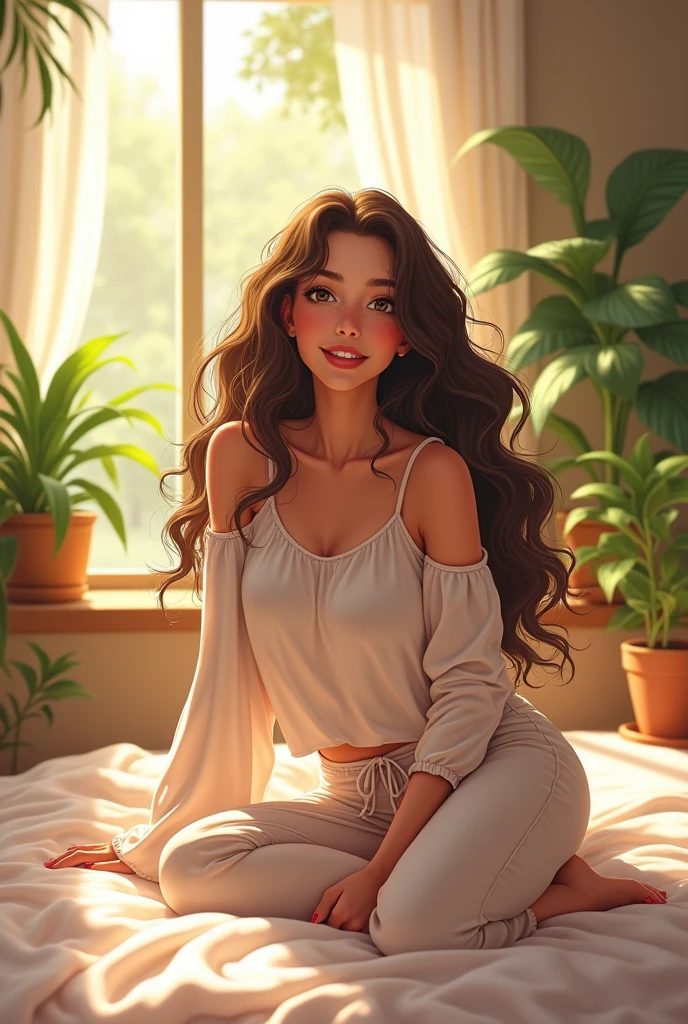 , beautifu girl , sitting on bed, wearing loose off-shoulder top, pajama pants, long curly hair, indoors, soft lighting, plants in background, window with sunlight, cozy room, relaxed pose, animated
,