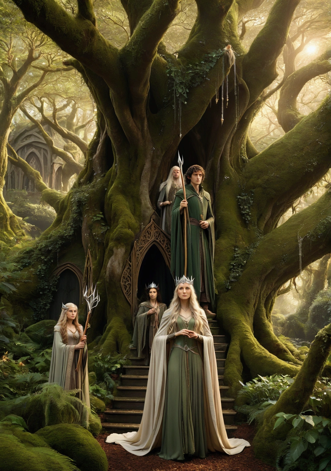 A group of Elves in a lush forest setting, featuring a tall, regal Noldor elf with a silver crown and flowing robes, a Sindar elf with a bow and quiver, wearing a cloak that blends with the trees, and a Silvan elf with long, flowing hair, dressed in natural, earthy tones. The scene is bathed in ethereal light, with elegant Elvish architecture visible in the background.