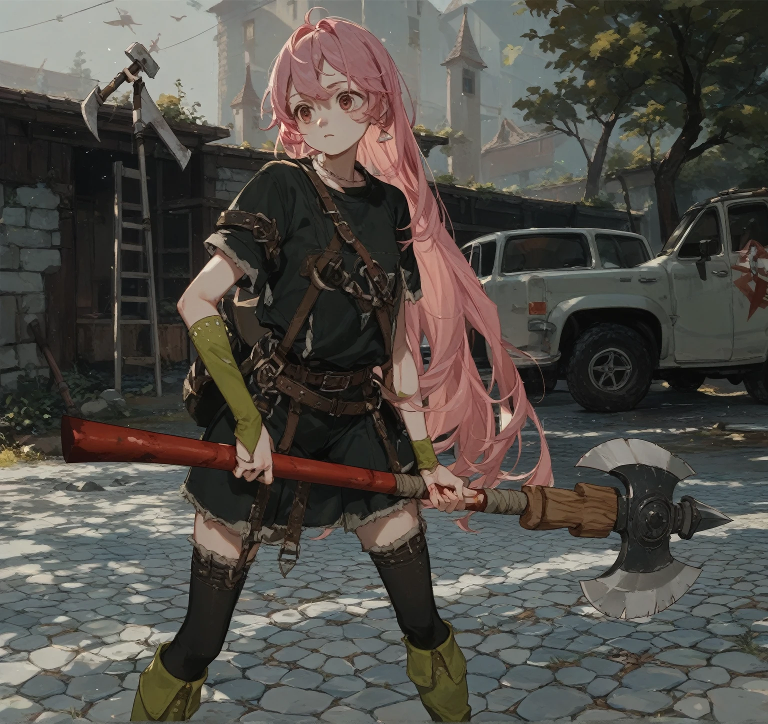 Female 1、Pink Hair、Long Hair、Holding a single-edged axe、she is having a fire axe, Eyes wide open、looking at the camera、I'm trying to kill you、Pickup Truck、cloudy、dead tree、Abandoned house