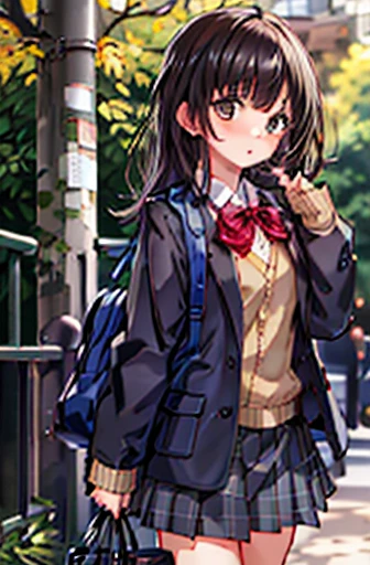 One Girl, solo, school uniform, Long sleeve, Black-haired,Pure,Big eyes,Skirt Grey, blush, (Absurd), (there is nothing), Looking at the audience, Walk in the park, (Ultra High Definition CG Integrated 8K Wallpaper,masterpiece, Best image quality, Ultra-detailed)