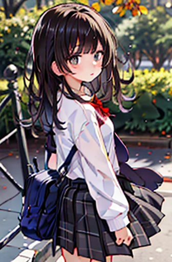 One Girl, solo, school uniform, Long sleeve, Black-haired,Pure,Big eyes,Skirt Grey, blush, (Absurd), (there is nothing), Looking at the audience, Walk in the park, (Ultra High Definition CG Integrated 8K Wallpaper,masterpiece, Best image quality, Ultra-detailed)