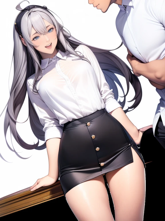 ((masterpiece, Highest quality)), (One girl), (alone), (Focus on women), (Ahoge, Gray Hair, Very long hair), Golden Eyes, A light smile, Open your mouth, ((White shirt), (Buttoned shirt), (Button gap)), ((Black Skirt), (Short skirt)), Are standing, White Background, Put your arms behind your back, Dynamic Angle,