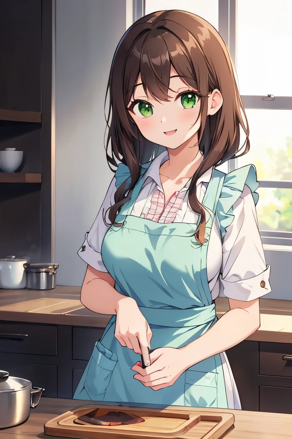 ((masterpiece, Highest quality, High resolution, 超High resolution, Pixel perfect, Written boundary depth, 4K, RTTX 10.0, High resolution))), 1 person, single, alone, Beautiful Anime, Beautiful art style, Anime characters, ((Shortcuts, bangs, Dark brown hair)), ((Green Eyes:1.4, Round eyes, Beautiful eyelashes, current eyes)), ((Smooth texture:0.75, Anime CG style)), ((Dynamic Angle, close)), Perfect body, (cute), Normal chest, whole body, ((4K, 8k, Highest quality, Perfect Fingers: 1.3, Perfect Anatomy: 1.3, Background Blur)), whole bodyアングル, Illustration of a girl wearing an apron, The characters are dressed in casual clothes with cute aprons.、She is pictured cooking in the kitchen., The apron has pockets and frills.、She is smiling happily, In the background is a homely kitchen.、A warm and relaxing scene