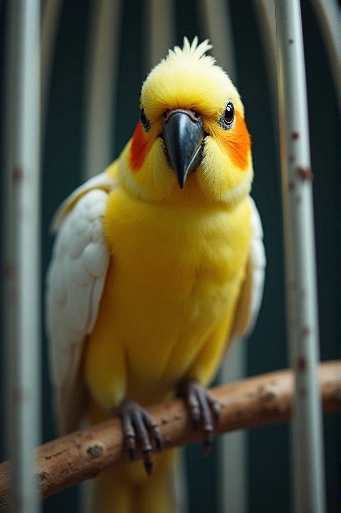 A yellow and white bird with a black beak perched on a branch, the bird's eye is facing the camera, the bird is in a cage with a white background. Photorealistic, 8k, sharp focus, cinematic lighting.
