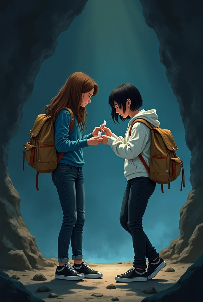 2 girls, one have long brown hair wearing blue shirt and jeans, other one have short black hair wearing white hoodie and black jean. both wearing black sneakers and carrying light brown backpack. The first girl bring out med kit from her backpack, the second girl bring out bandages from her backpack. Inside dark cave. 2D semi realistic style.