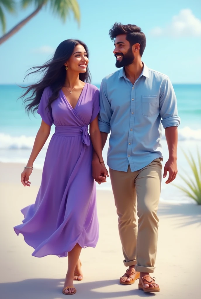 A 30 years indian couple walking together and smiling, the woman wearing a violet dress and the man wearing a light blue shirt and khaki pants, in front of a blue and white background realistic 