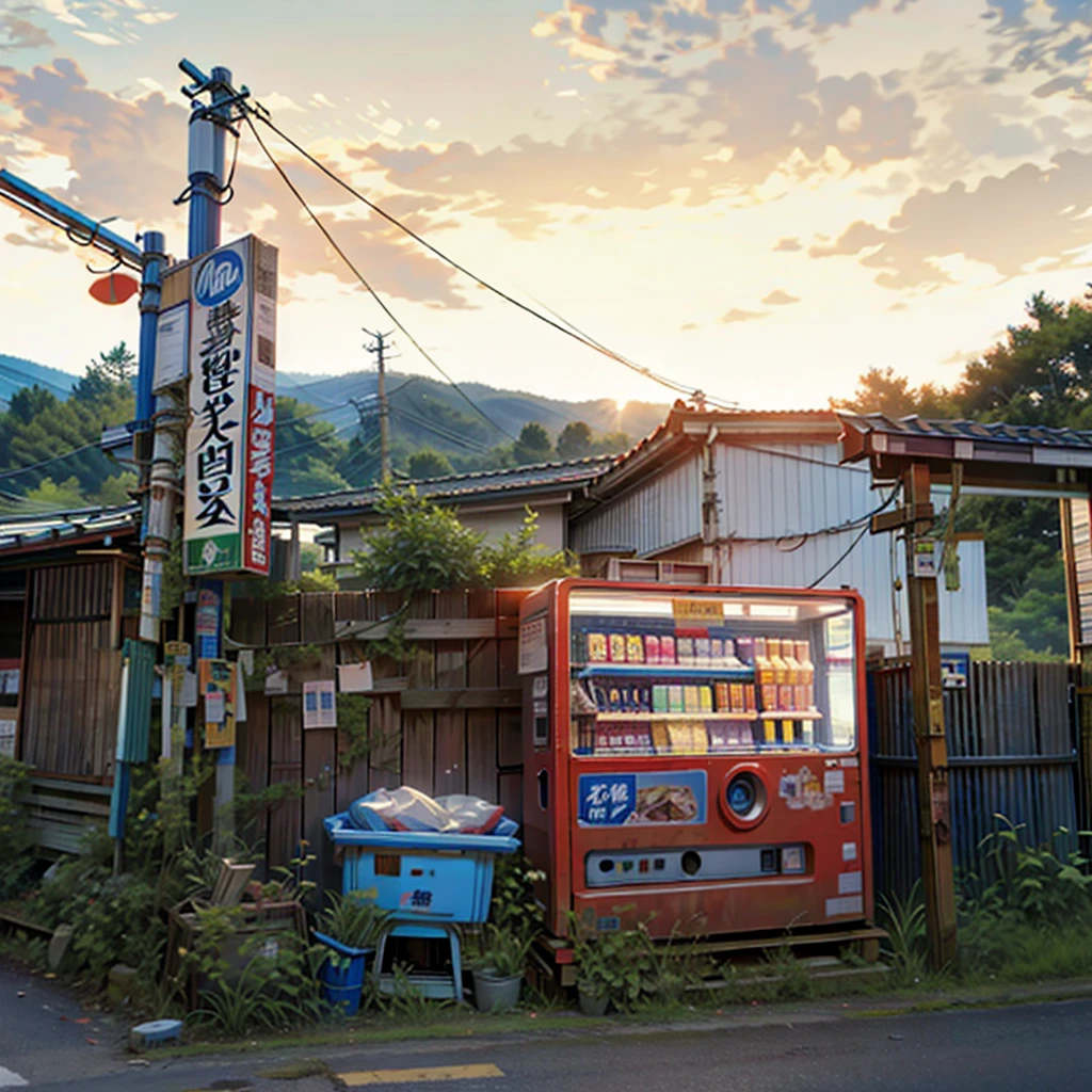 there is a vending machine that is sitting on the side of the road, vending machine, convenience store, rural japan, o - yoroi, 90s japan, yoshiku, by Torii Kiyomoto, vending machines, oyama kojima, by Miyamoto, in karuizawa, kaguya ōtsutsuki, broken vending machines