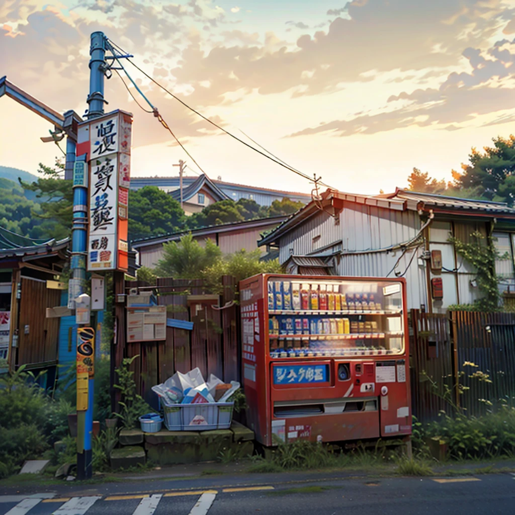 there is a vending machine that is sitting on the side of the road, vending machine, convenience store, rural japan, o - yoroi, 90s japan, yoshiku, by Torii Kiyomoto, vending machines, oyama kojima, by Miyamoto, in karuizawa, kaguya ōtsutsuki, broken vending machines