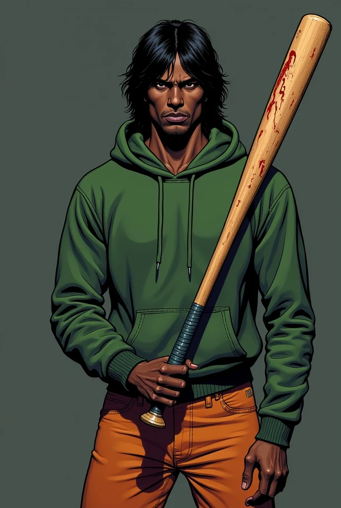 generate a black character, straight hair with slight waves and dark, must be modeled in the style of 1980&#39;s drawing , he will be holding a baseball bat with bloody nails, his outfit should be a green kangaroo-style hoodie and dark orange pants, add light and shadow, the background should be dark gray 
  