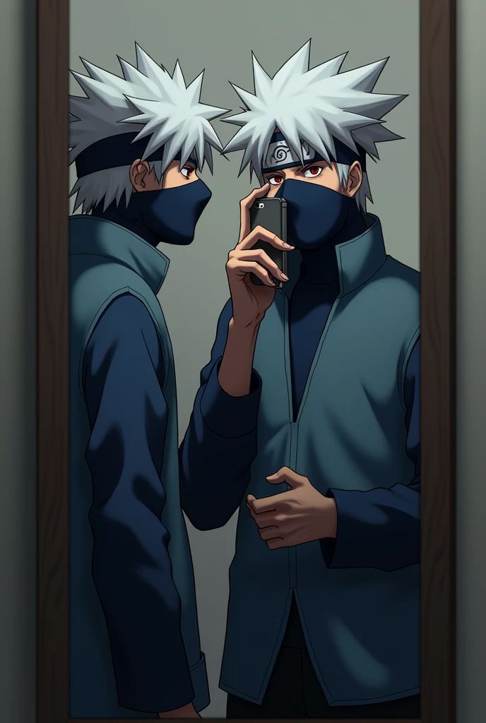 Kakashi Hatake image on mirror. When he standing infront of a mirror upto his knees.he was taking his snap wit joining Handa with mobile.he was covering his mouth with mobile.he was wearing a blue colour formal shirt.he is looking to the mobile in his hands .