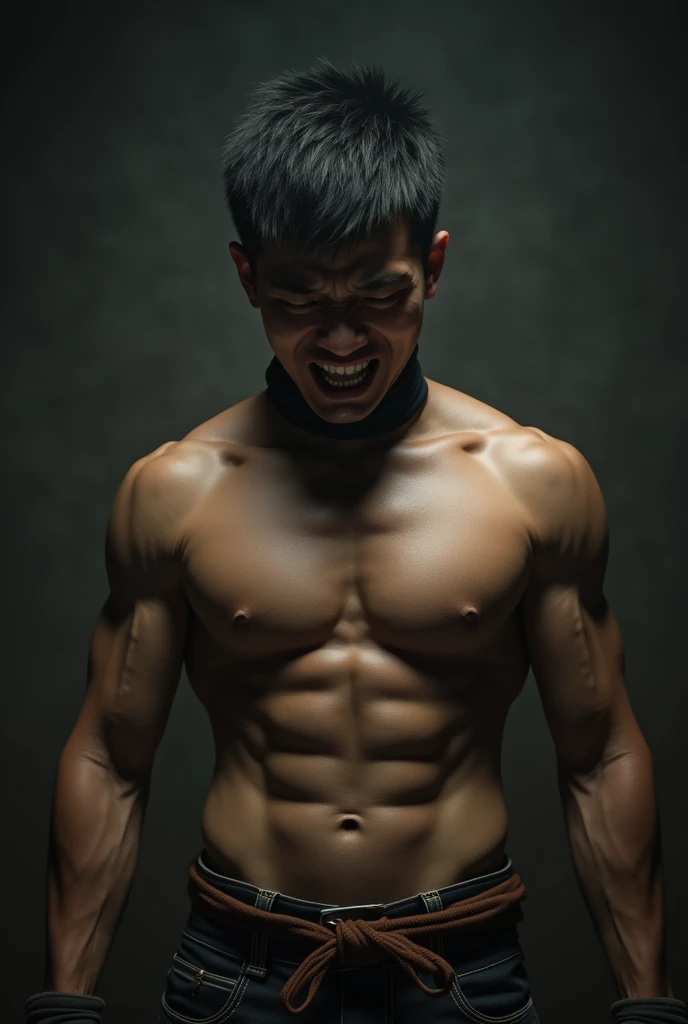 Young Asian man with big pecs and a belt around his neck with a suffering facial expression