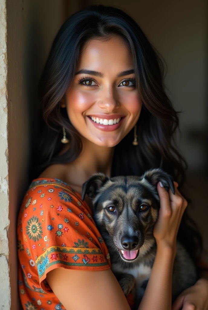 There is a young, Beautiful indian woman, who looks to the future like Katrina Kaif, Smiles into the camera, beautiful teeth, She looks into the camera, a portrait from raw photo, body, color dress, hug pet,