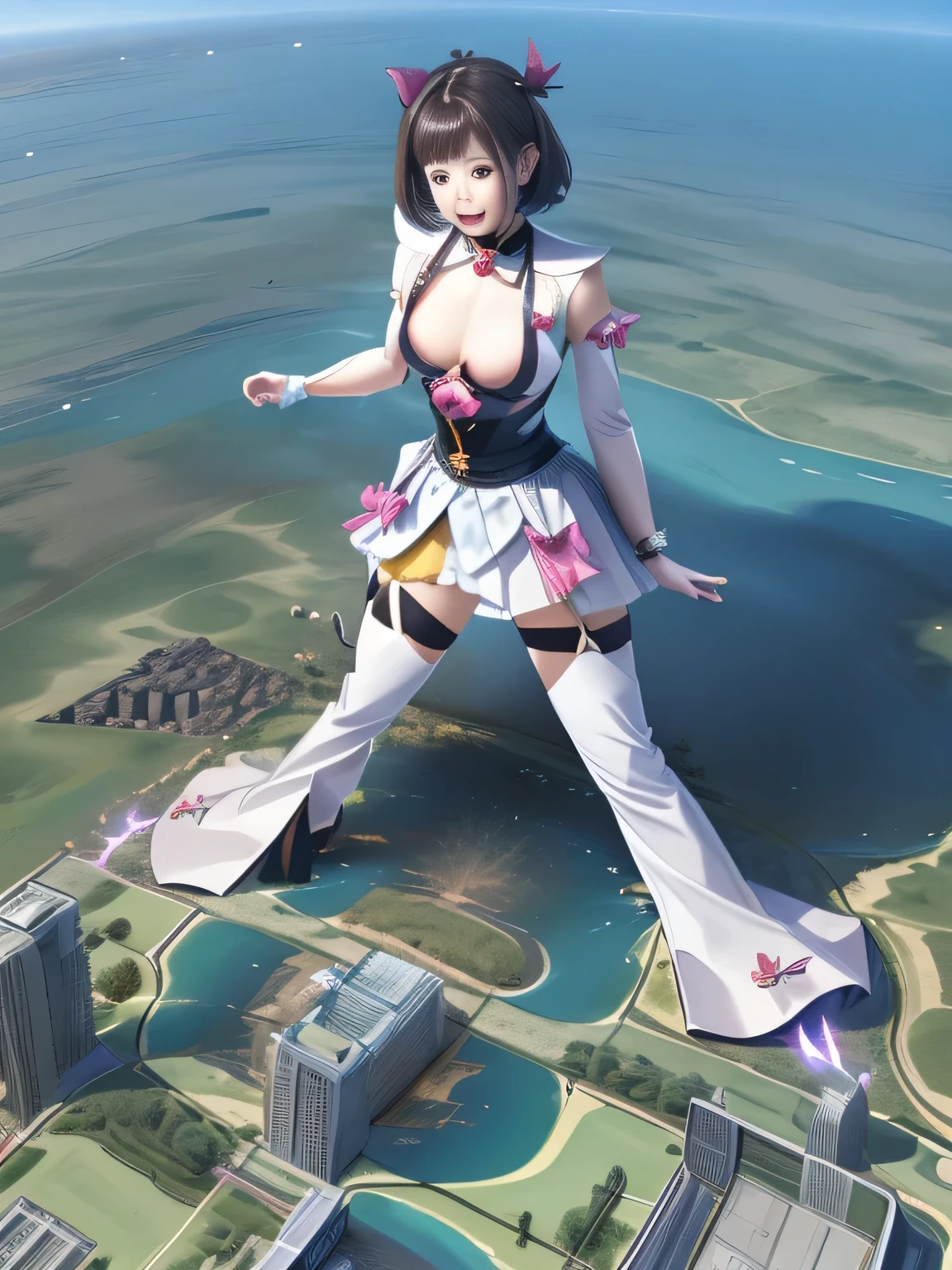 multiple girls, 3girls, standing, giantess art, highly detailed giantess shots, giantess, most detailed, perfect face, Two legs, Five fingers, short hair, A beautiful girl who is bigger than a skyscraper, Wearing rimless glasses, smile, huge breasts, magical girl dress, bow, magical girl, holding a magical wand, black pantyhose, stiletto heels, thunderbolt from a magical wand, seaside metropolis, numerous miniature warships on the sea, Destroying cities, Under heavy attack, A very small big city, Miniature metropolis, Full body description, GTS, giga giantess, gigagts, stomping city, crash city, tiny city, micro city, pantyhose feet, High resolution, highest quality, masterpiece, 