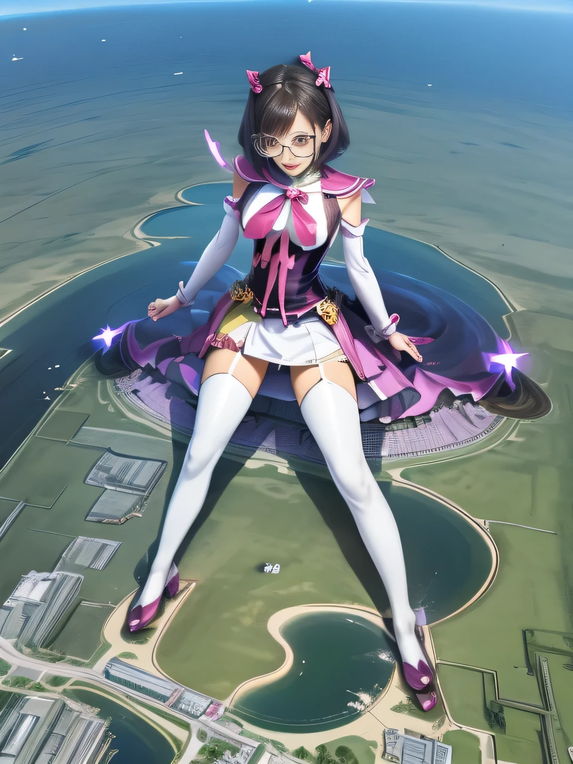 multiple girls, 3girls, standing, giantess art, highly detailed giantess shots, giantess, most detailed, perfect face, Two legs, Five fingers, short hair, A beautiful girl who is bigger than a skyscraper, Wearing rimless glasses, smile, huge breasts, magical girl dress, bow, magical girl, holding a magical wand, black pantyhose, stiletto heels, thunderbolt from a magical wand, seaside metropolis, numerous miniature warships on the sea, Destroying cities, Under heavy attack, A very small big city, Miniature metropolis, Full body description, GTS, giga giantess, gigagts, stomping city, crash city, tiny city, micro city, pantyhose feet, High resolution, highest quality, masterpiece, 