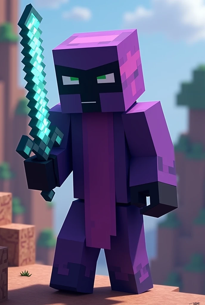 Minecraft male wearing purple clothes wearing a mask and using a diamond sword
