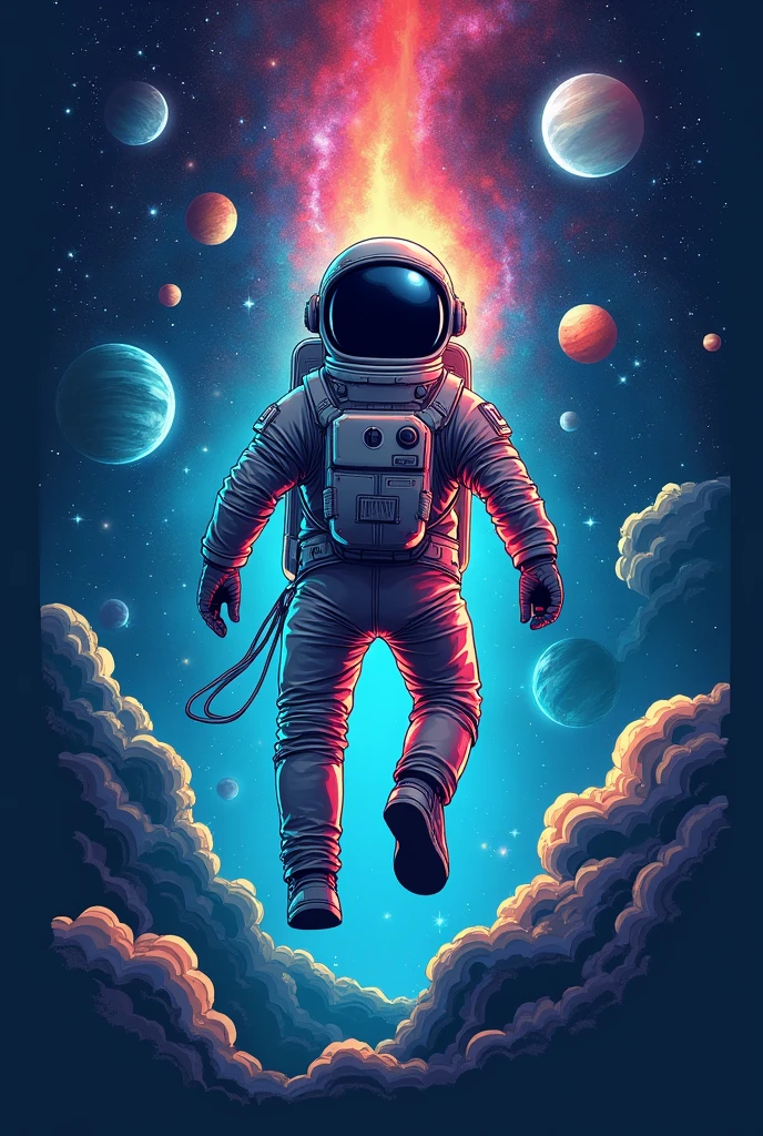 Create a design for the back of a shirt with a space and astronaut feel that can be worn by men and women for elementary school grade groups.