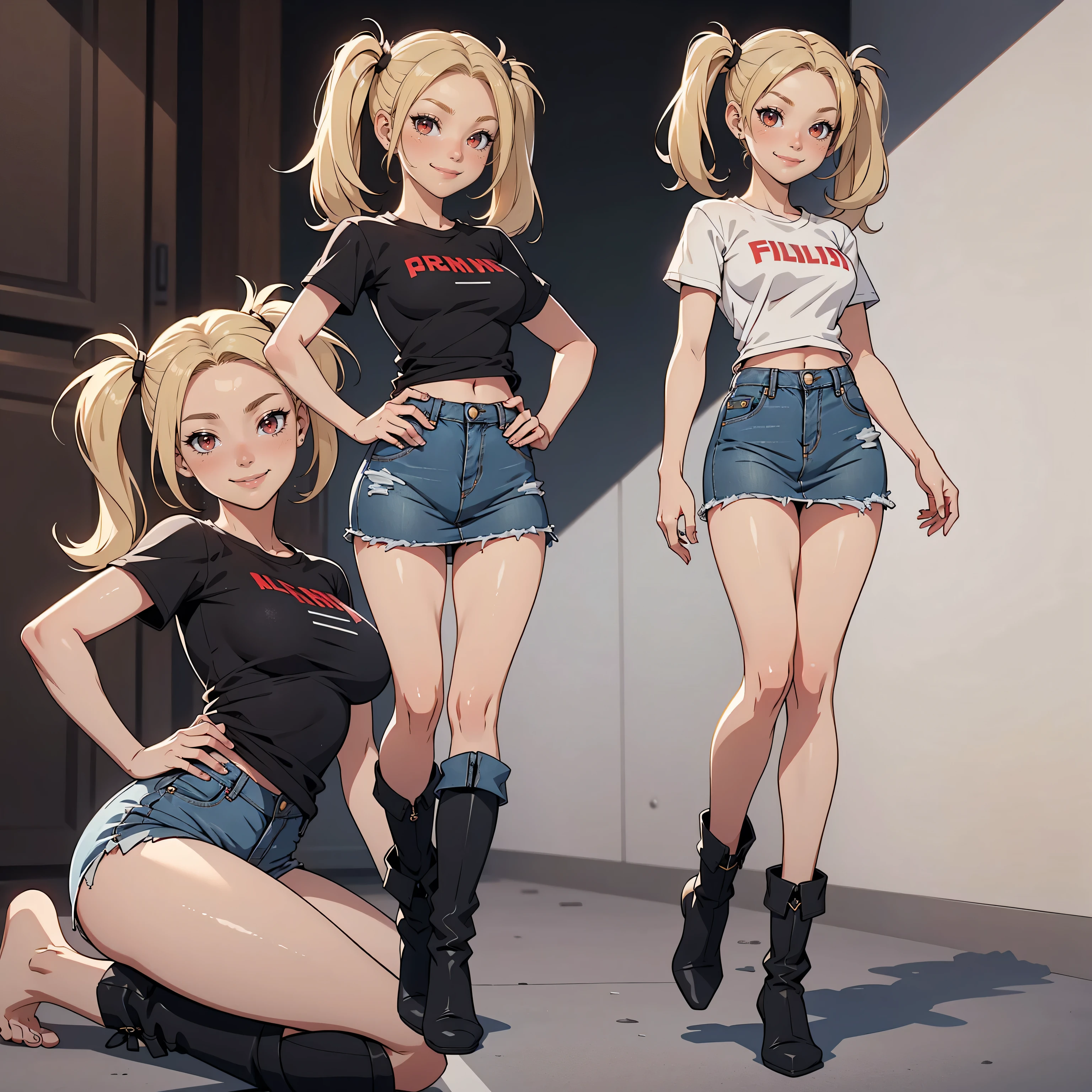 Very detailed, smiling facial expression, medium breasts, full body view, blonde hair with twintails, red eyes, small breasts, looking at viewer, wearing grey t-shirt, denim skirt, black boots, bare feet, cute pose.