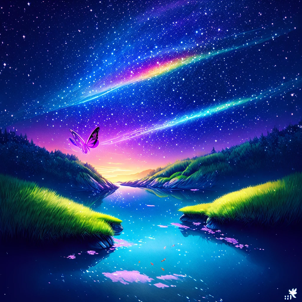 Cute girl characters、Iridescent grass々Drawing a butterfly flying over the water, Looking up at the starry sky. Surround her with colorful nebulae and colorful forests.