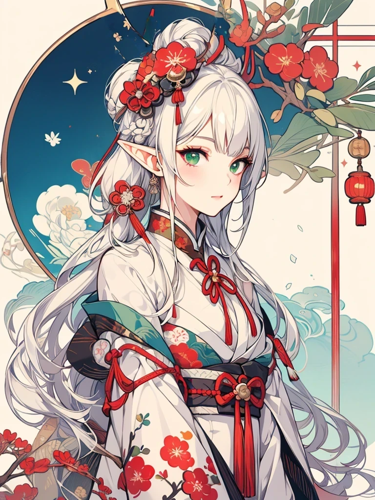 masterpiece, best quality, 1girl, ultra detailed, ultra highres, well-definded facial features, anatomically correct, cute girl, long pointy ears, elf, nice face, white hair, green eyes, China dress, ukiyo-e,