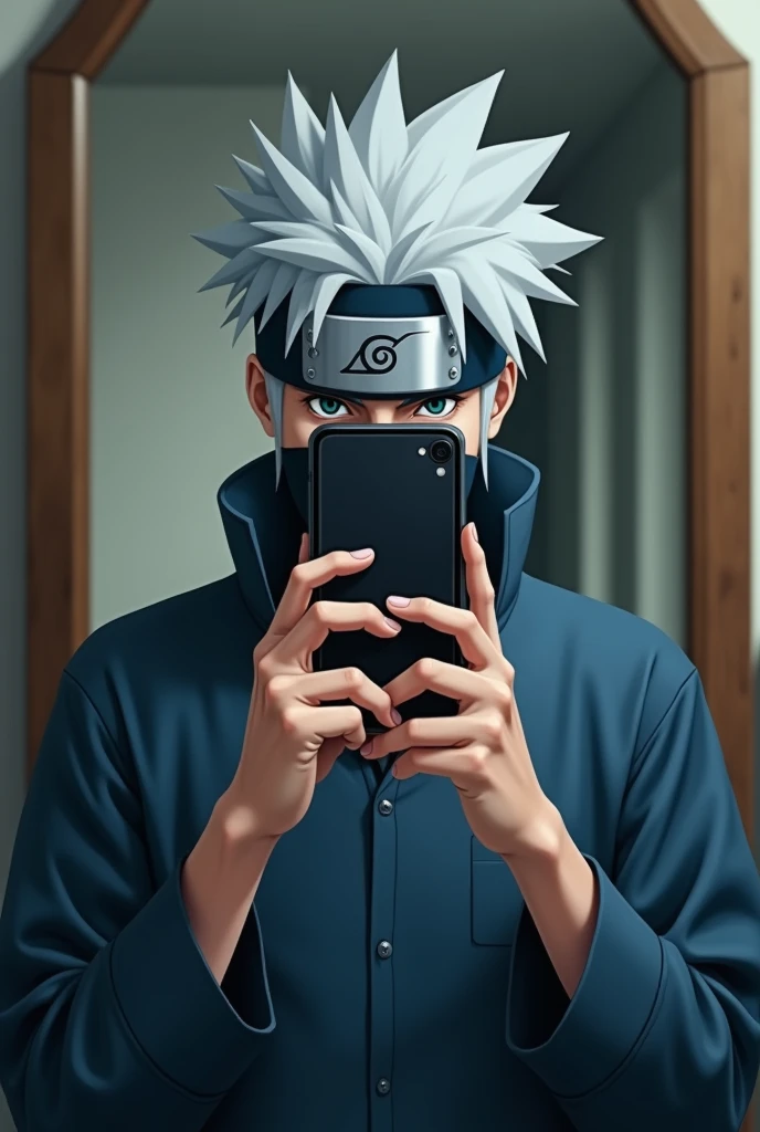 Kakashi Hatake image on mirror. When he standing infront of a mirror upto his knees.he was taking his snap wit joining Handa with mobile.he was covering his mouth with mobile.he was wearing a blue colour formal shirt.he is looking to the mobile in his hands in photo .