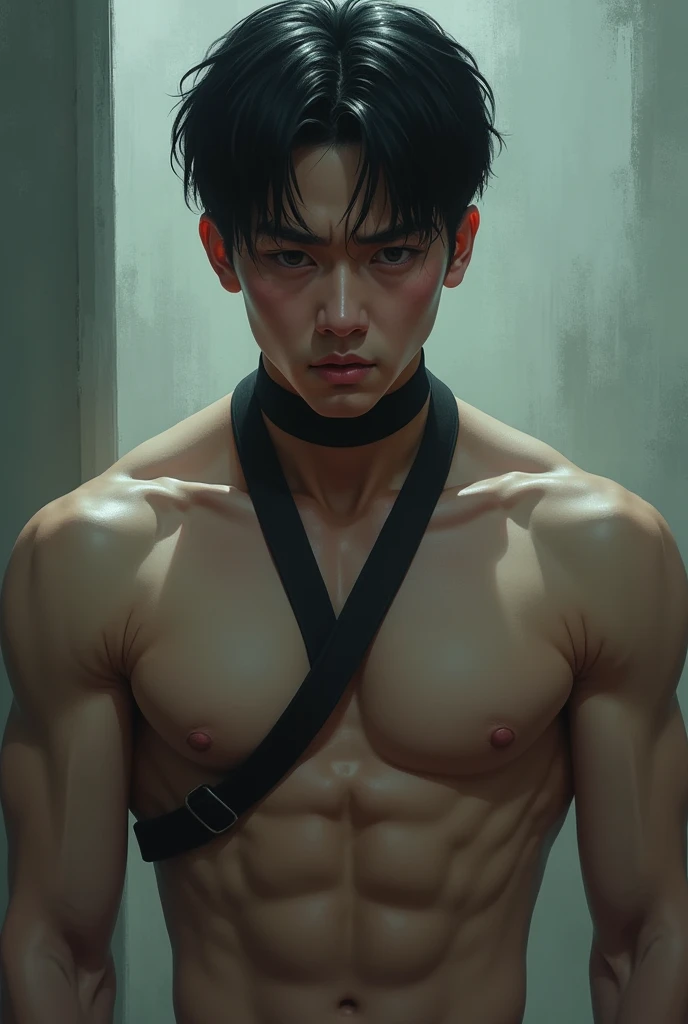Young Korean man with big pecs and a belt around his neck with a suffering facial expression 