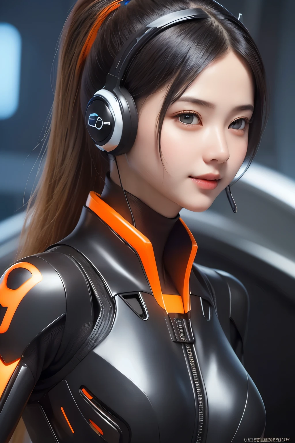 Top Quality, Masterpiece, Ultra High Resolution, (Photorealistic: 1.4), Raw Photo, 1 Girl, Black Hair, Glossy Skin, 1 Mechanical Girl, (((Ultra Realistic Details)), Portrait, Global Illumination, Shadows, Octane Rendering, 8K, Ultra Sharp, Intricate Ornaments Details, realistic skin, sweat effect, ((wearing Headphone)), very intricate detail, realistic light, CGSoation trend, brown eyes, glowing eyes, matte black and glossy orange mechanical bodysuit, Long hair, black hair, Ponytail hair, full body shot, spaceship bridge background, dynamic pose, close up, smile,