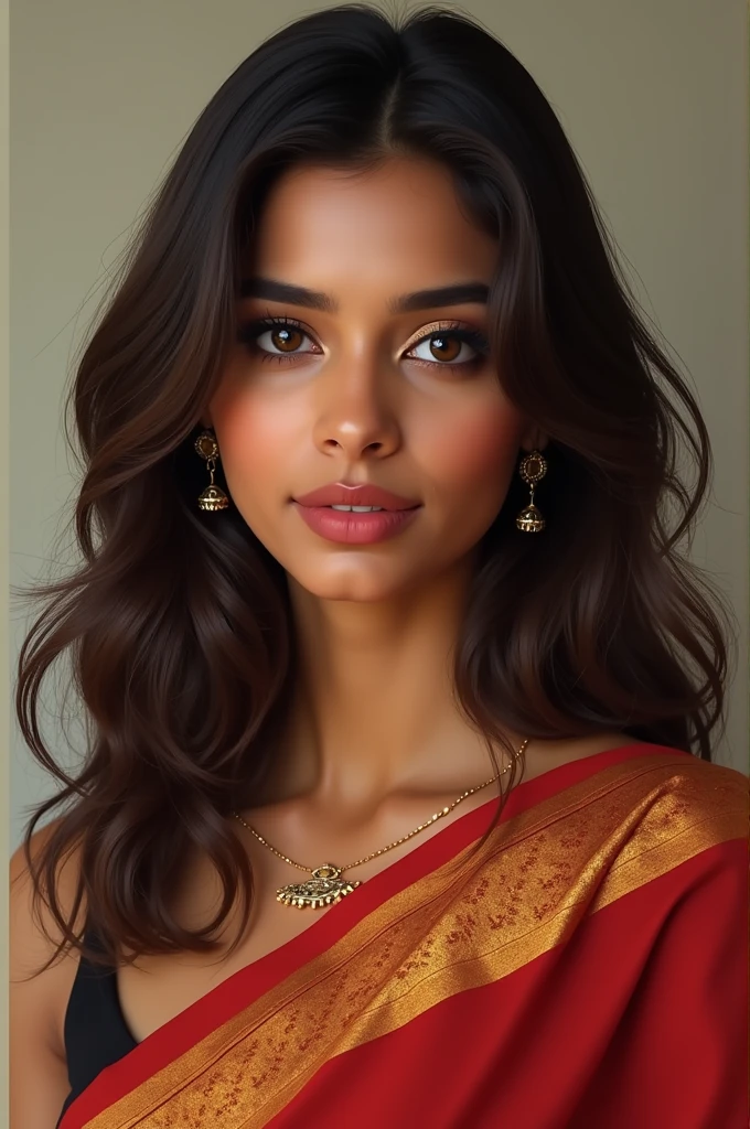 Face Shape: Oval with soft cheekbones and a gentle jawline.Eyes: Almond-shaped, deep brown with long lashes.Hair: Long, dark brown, with subtle waves.Skin Tone: Medium brown.Build: Graceful, slightly petite, slender.Attire: Traditional South Indian sarees or modern smart casuals.Demeanor: Poised, confident, and warm.