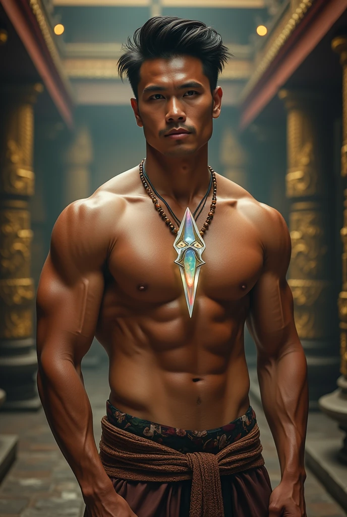 hyperrealistic image of extremely handsome 30 year old chinito filipino man, muscular bodybuilder, stylish hairstyle, have glistening body, wearing a magical crystal necklace and traditional pants, in ancient temple