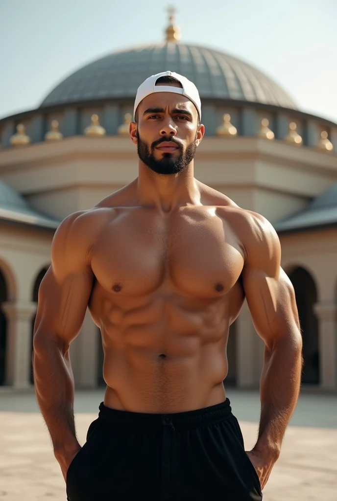 ((best quality)), ((masterpiece)), (detailed), perfect faceA msulim bodybuilder man he is standing outside Mahjid and he is looking ahead, he is wearing black pants, he is not wearing anything on top, he is wearing a white cap on his head