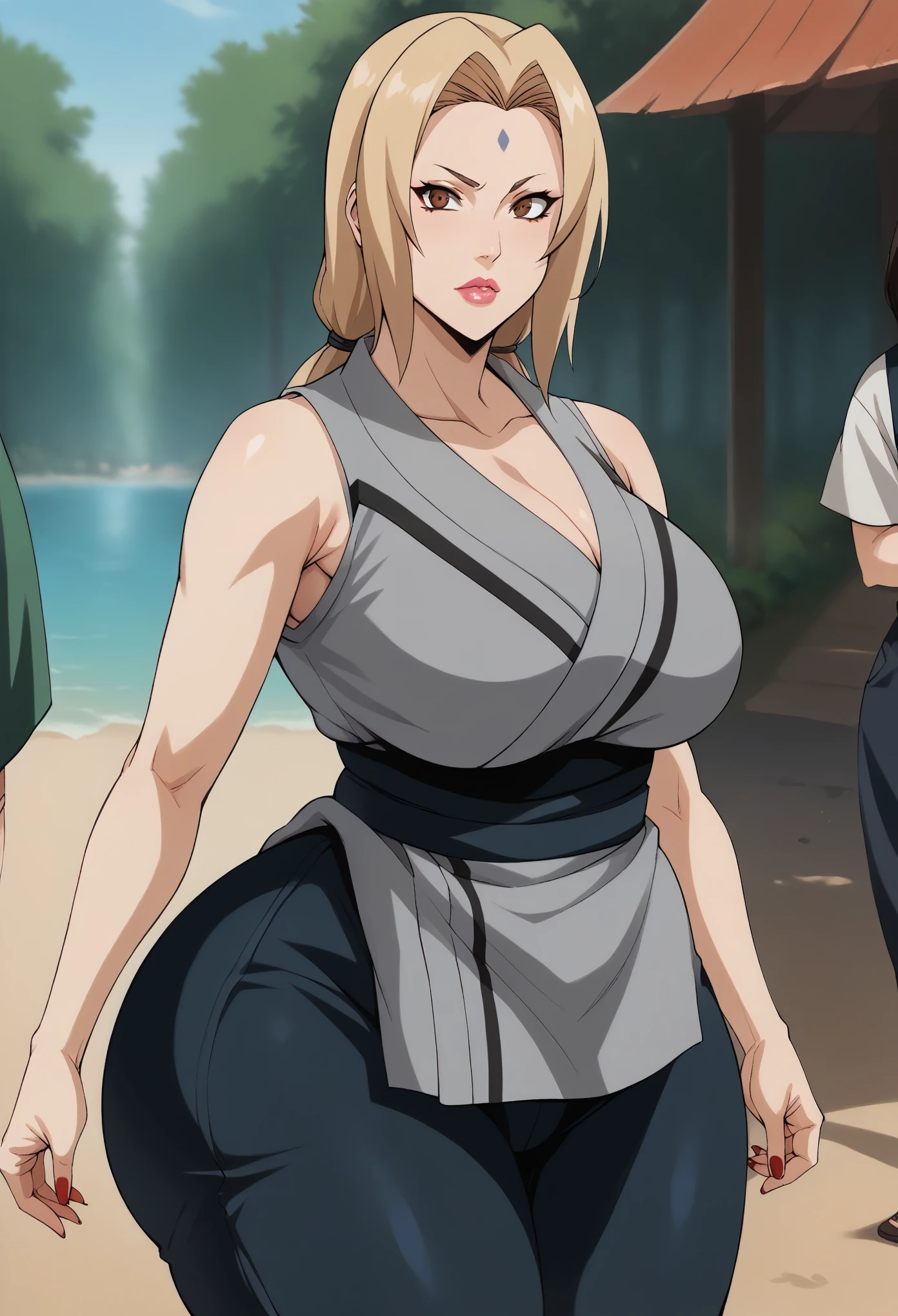 score_9, score_8_up, score_7_up, BREAK, score_9, ChopioTsunade, blonde hair, long hair, big lips, plump lips, low twintails, hair tie, brown eyes, forehead mark, pink lipstick, mature female, large breasts, huge butt, red nails, outfit_2, grey kimono, sleeveless kimono, collarbone, blue obi, blue pants, solo, 1girl, looking at viewer, curvy body, thick body, curvy, small waist, b cowboy huge butt, shot, ass, thong covered by her pants, big ass, huge breasts, big breasts, thick thighs, wide hips, from behind, forest