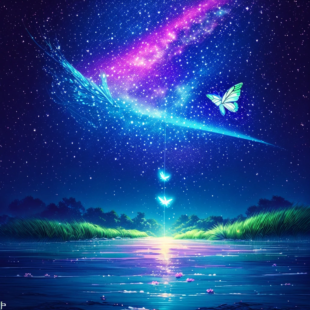 Cute girl characters、Iridescent grass々Drawing a butterfly flying over the water, Looking up at the starry sky. Surround her with colorful nebulae and colorful forests.