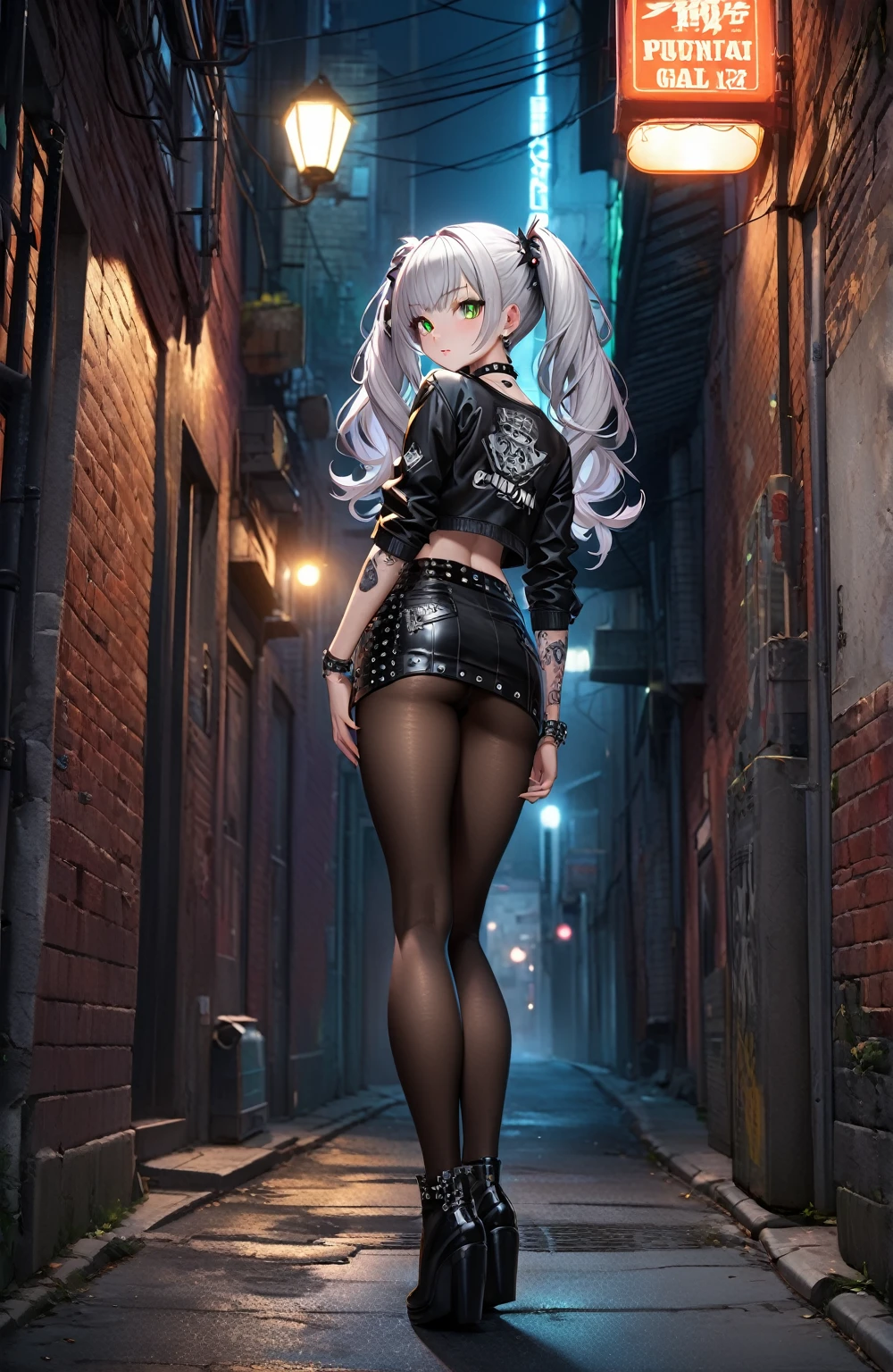 Ultra high resolution, rich colors, perfect image, top quality, detailed image, beautiful single woman, glowing skin, skin and clothing texture, delicate eyes, back alley at night, punk gal, punk girl, choker, tight skirt, pantyhose, full body, posing, silver hair twin tails, green eyes
