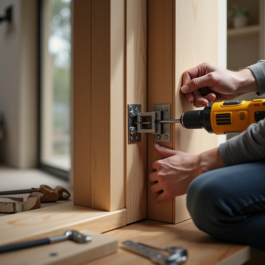 A realistic and professional scene of a skilled worker installing hidden hinges or a magnetic lock into a door. The setting is a well-lit, modern workshop or home interior. The worker, dressed in professional work attire, is using specialized tools such as a chisel, drill, or screwdriver to carefully insert the hidden hinges or magnetic lock into the edge of a wooden door. Close-up details should focus on the precision of the work, showing the intricate fitting of the hardware into the door. The door is partially installed, and the surrounding area is clean, with some tools and hardware visible on a nearby workbench. The overall atmosphere is one of craftsmanship and attention to detail.