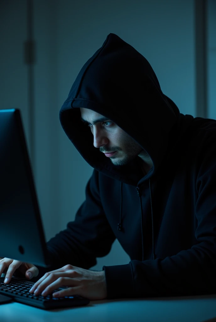 an black hoodie man sitting for a computer look like he is earning and don't want to reveal his face