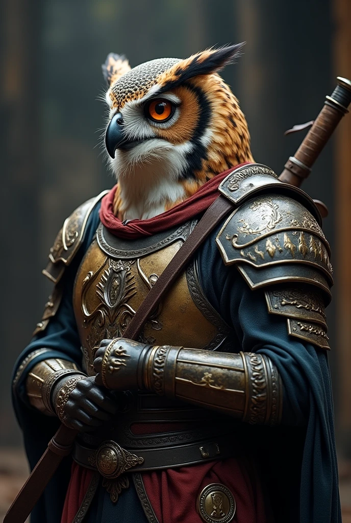 The picture shows a owl dressed as an Arabian warrior., standing, Owl in position on the left side of the frame, (((wearing a fighter helmet))), ((( And in his hand the Damascus sword))), Facing right with head tilted slightly upwards. He wears detailed armor resembling traditional Arab armor., Complete with intricate designs and patterns.. The shields are primarily black with silver accents., Adding visual depth., His eyes focused on something in the distance.. Sheathed sword on the back of the owl, indicating readiness for battle or a celebratory posture., Create a dramatic and intense atmosphere., Retina, precise, Masterpiece, Superior detail, High detail, Best quality, Award winning, High accuracy, High resolution, 4K, 8 k, 16 kg, Retina, precise, Masterpiece, Anatomically correct, Textured leather, Superior detail, High quality, Award winning, High accuracy, 8 k, 16 kg