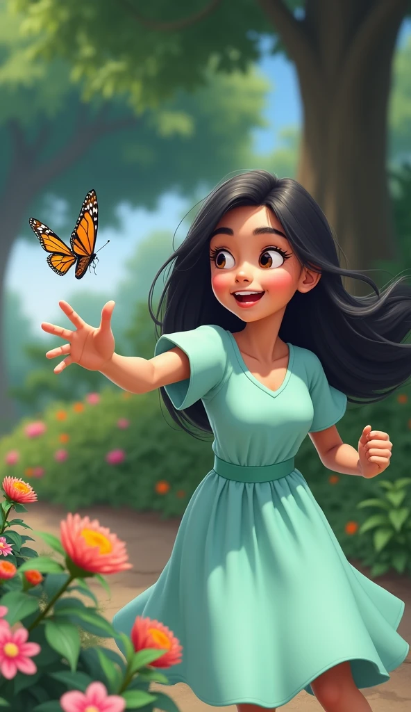 Aisha running through a beautiful garden full of blooming flowers, dodging between plants. Her long black hair flows behind her, and she has a look of joyful excitement on her face. The butterfly flies just ahead of her, leading her through the garden. Sunlight filters through the leaves above, creating a playful light pattern on the ground.
