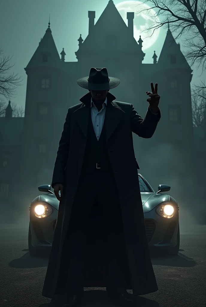 A man standing in front of a dark mansion with a dangerous dark colour car with a black hate and his left hand showing his black power and right hand showing the darkness