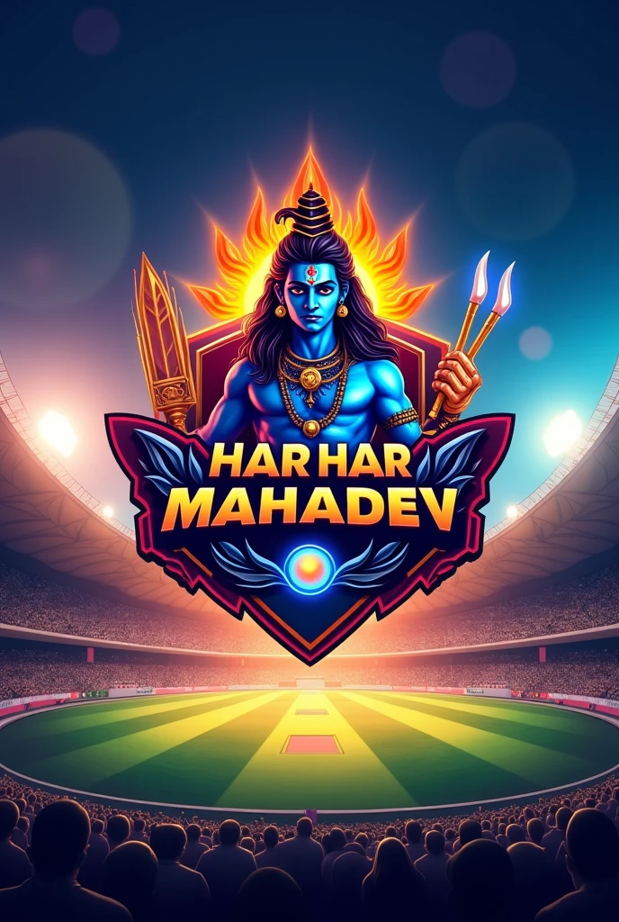 Har har mahadev name logo background cricket stadium and lord shiva cricket